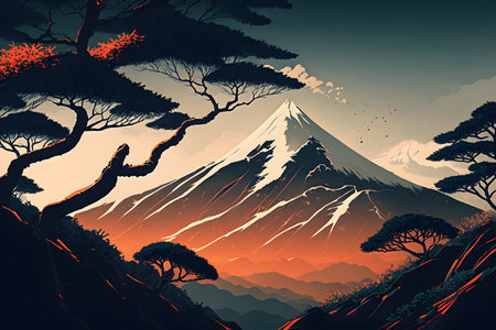 Mountain landscape illustration made in the traditional Japanese style. High mountain in the clouds, tall trees. AI generated illustrationの素材