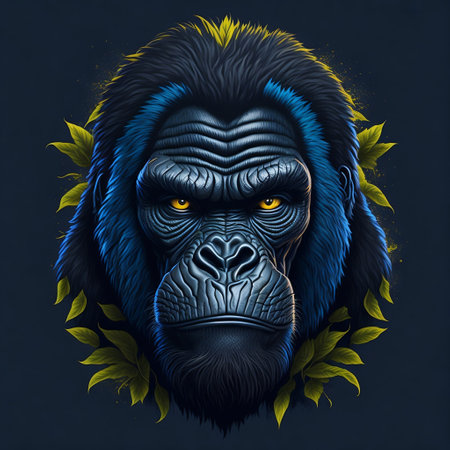 T-shirt design with realistic gorilla portrait. Colorful print design of gorilla head on dark background. AI generated illustrationの素材