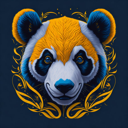 T-shirt design with realistic panda bear portrait. Colorful print design of panda head on dark background. AI generated illustrationの素材