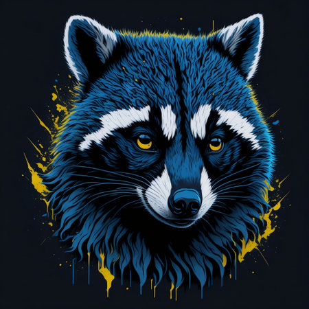 T-shirt design with realistic raccoon portrait. Colorful print design of raccoon head on dark background. AI generated illustrationの素材