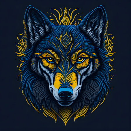 T-shirt design with realistic wolf portrait. Colorful print design of wolf head on dark background. AI generated illustrationの素材