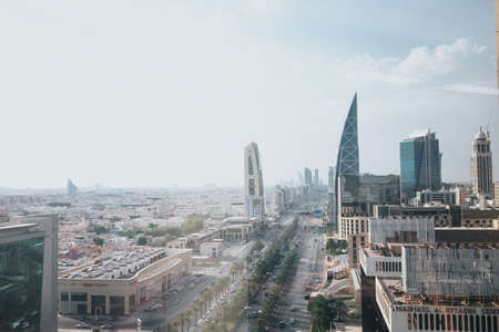 Skyline view at Riyadh in direction of King Abdullah Financial District fin foggy cloudy dayのeditorial素材
