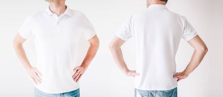 Young men isolated over white background. Two pictures combines in one. Front and back view of same male person in white shirt holding hands on hips.の写真素材