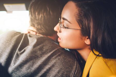 tourism - Happy young Man and woman Happy sit in a car. Travel and adventure concept.の写真素材