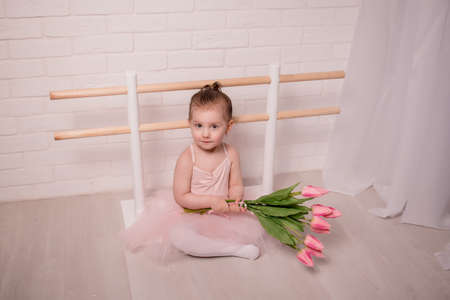 Ballet teacher and little ballerina have practice in dance class. little beautiful girl is doing ballet..の写真素材