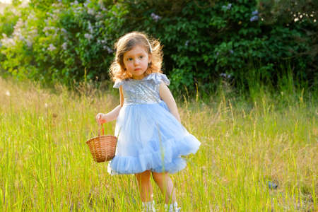 child walks in the park. little girl dressed in a blue dress.