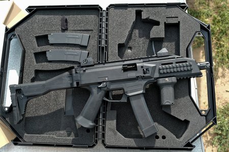 machine gun is on the table. machine gun close-up. military weapons.