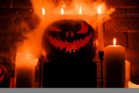 Halloween's holiday attributes. Halloween. carved pumpkin. candles . smoke . dark scene. pumpkin head silhouettes.の写真素材