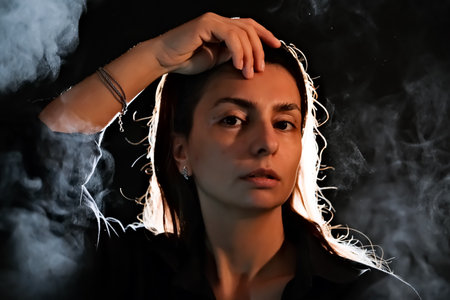 silhouette of a girl in the dark. smoke. steam. girl in a dark room.