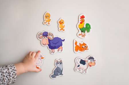 The child's hand reaches for the magnets with the image of animals.の写真素材