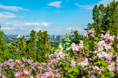 View of the monastery and Kyiv in the background from the botanical gardenの写真素材