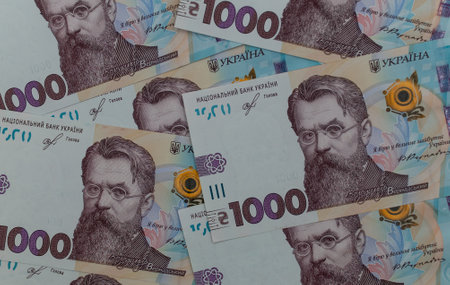 Pile of one thousand hryvnia banknotes close-upの写真素材