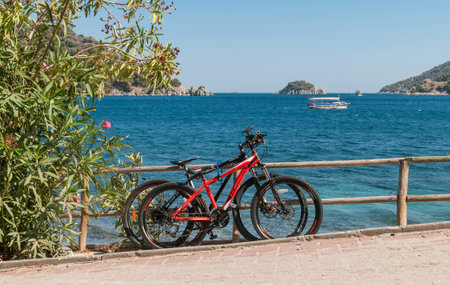 Two bikes with a sea viewの写真素材
