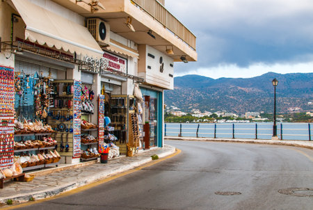 Photo of traditional souvenir shops on the embankment in Agios Nikolaos, Creteの写真素材