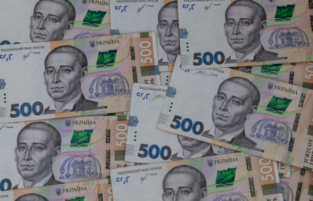 Pile of five hundred hryvnia banknotes close-up