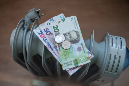 An electric radiator with Ukrainian banknotes. Ukrainian hryvnias are lying on the radiator. Saving...