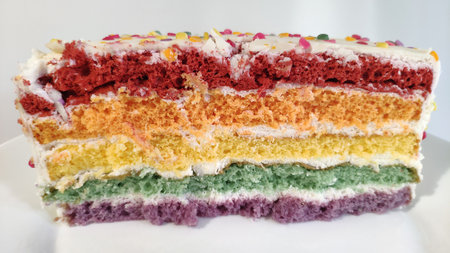 Slice of rainbow layer cake with sprinkles and white frostingの写真素材