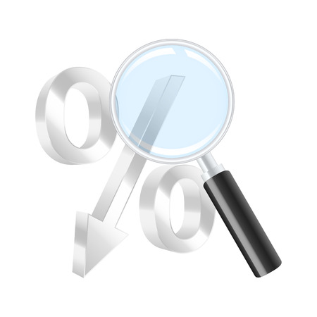 Dropping percent symbol and magnifying glass. Vector illustration.のイラスト素材