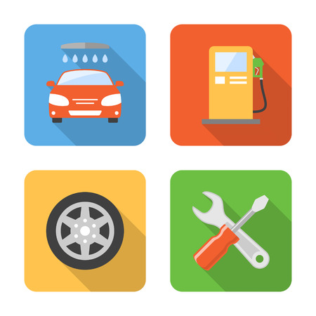 Flat car service icons with long shadows. Vector illustrationのイラスト素材