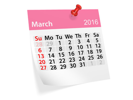 Monthly calendar for March 2016. 3d illustrationの写真素材