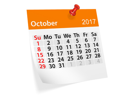 Monthly pinned note calendar for October 2017. 3d illustrationの写真素材