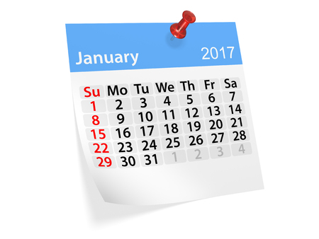 Monthly pinned note calendar for January 2017. 3d illustrationの写真素材