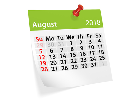 Monthly pinned note calendar for August 2018. 3d illustrationの写真素材
