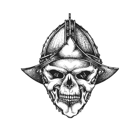 Spanish Conquistador Warrior Skull Wearing Morion Helmet. Print or Tattoo Design. Hand Drawn Vector Illustrationのイラスト素材