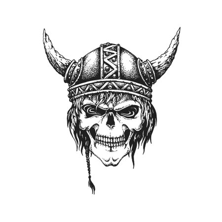 Viking Berserk Warrior Skull Wearing Horned Helmet. Print or Tattoo Design. Hand Drawn Vector Illustrationのイラスト素材