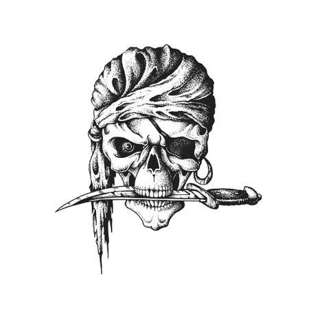 Pirate Corsair Skull Wearing Headband with Knife in His Teeth. Print or Tattoo Design. Hand Drawn Vector Illustrationのイラスト素材