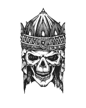 Oriental King Skull Wearing Medieval Crown. Print or Tattoo Design. Hand Drawn Vector Illustrationのイラスト素材