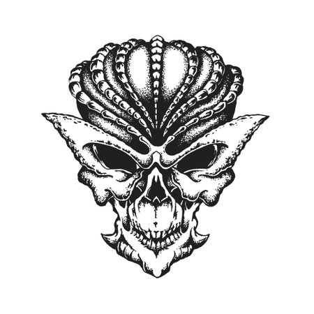 Evil Demon Alien Skull. Print or Tattoo Design. Hand Drawn Vector Illustrationのイラスト素材
