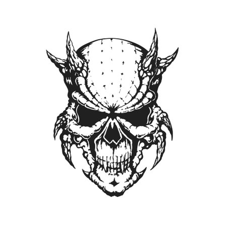 Evil Demon Horned Skull. Print or Tattoo Design. Hand Drawn Vector Illustrationのイラスト素材