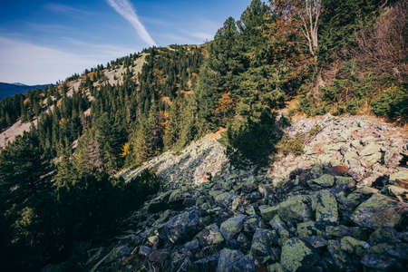 A canyon with a mountain in the backgroundの写真素材