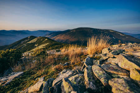 A canyon with a mountain in the backgroundの写真素材