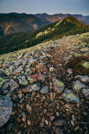 A close up of a rock. Mountain trail.の写真素材