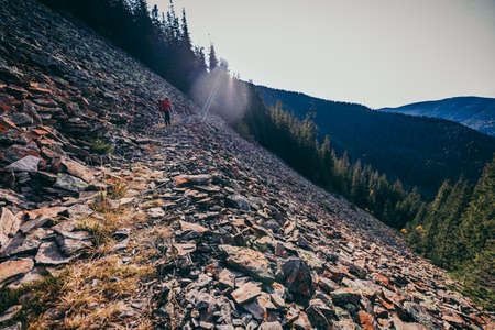A rocky mountain with trees in the backgroundの写真素材