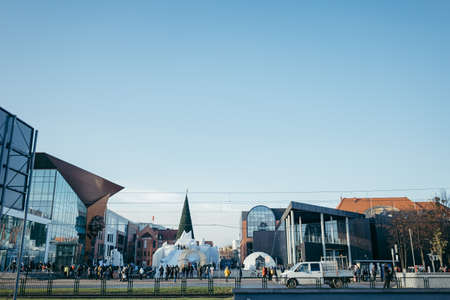 A group of people in front of a buildingの写真素材