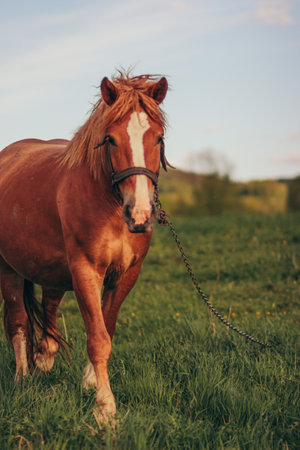 A brown horse standing on top of a grass covered fieldの写真素材