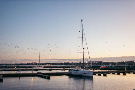 A boat is docked next to a body of waterの写真素材