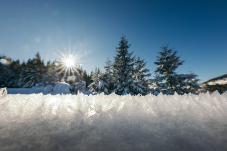 A man riding a snowboard down a snow covered slopeの写真素材