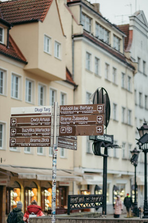 A sign on a city streetの写真素材
