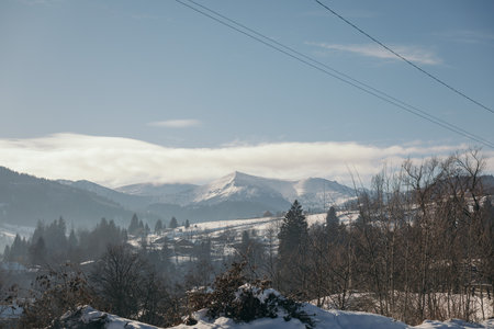A view of a snow covered mountainの写真素材