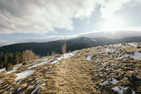 A snow covered mountain travelの写真素材