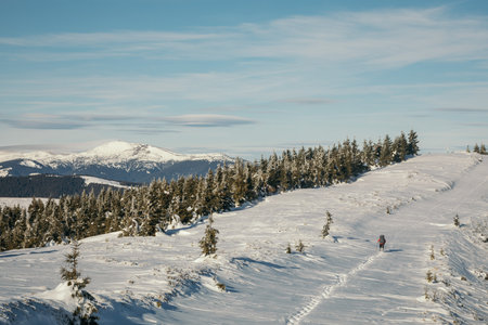 A man riding skis down a snow covered slopeの写真素材