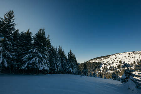 A person riding a snowboard down a snow covered slopeの写真素材