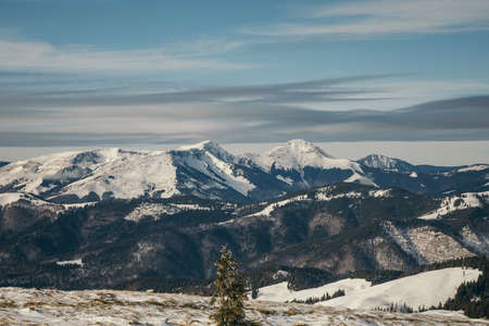 A view of a snow covered mountainの写真素材