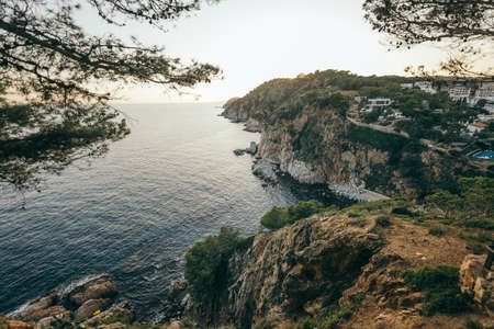 A close up of a hillside next to a body of waterの写真素材