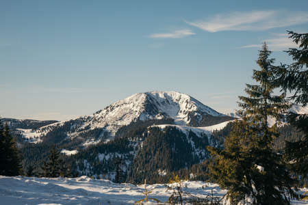 A snow covered mountain travelの写真素材