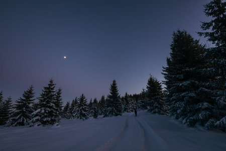 A sign on the side of a snow covered slopeの写真素材